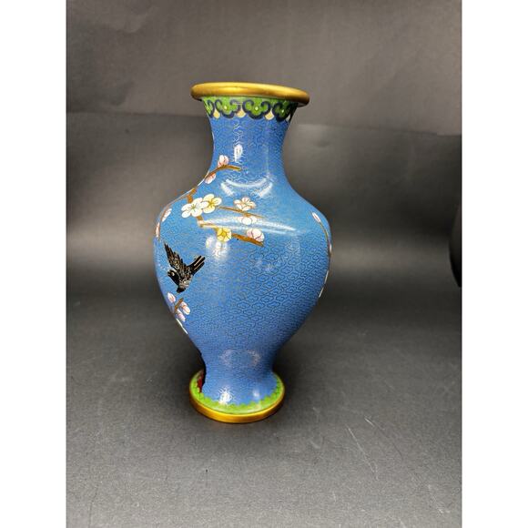 Vintage Chinese 8 1/4" BLUE CLOISONNE VASE Enamel Brass Cherry Blossom w/Bird - Picture 13 of 16